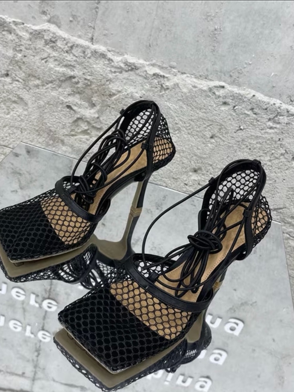 Black Lace-Up Mesh High Heel Sandals